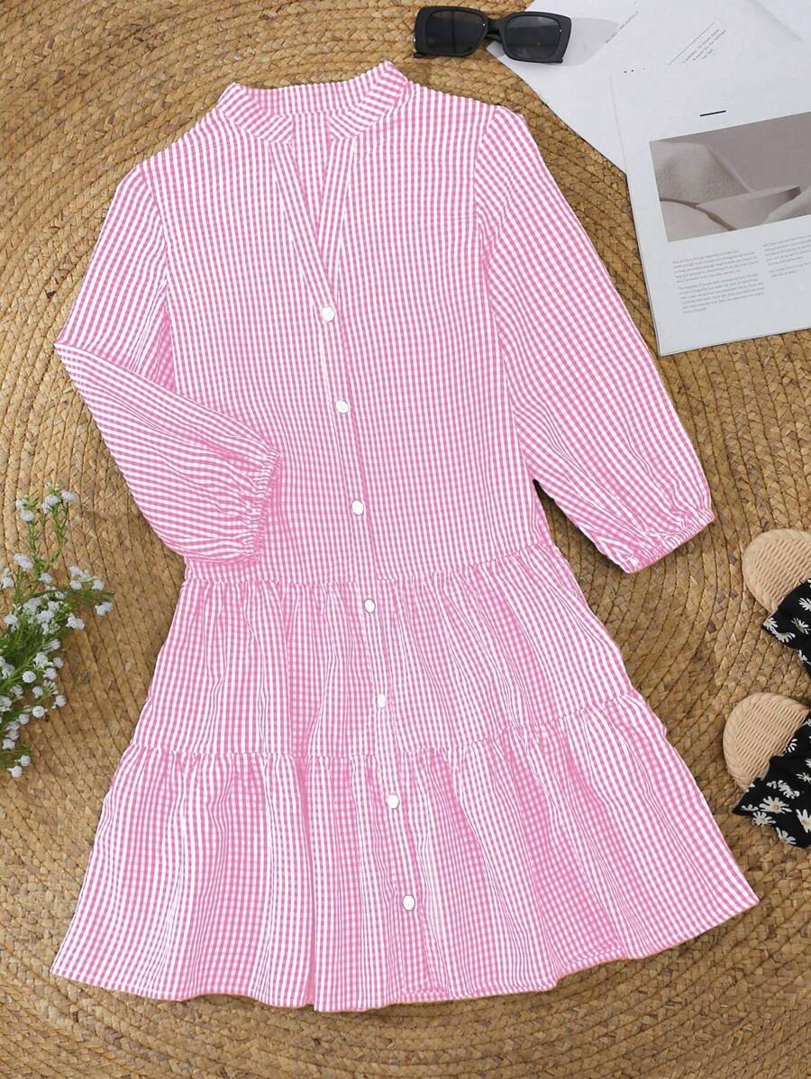 Breezaya Women's Summer Plaid Printed Notched V-Neck Lantern Sleeve Ruffled Hem Cute Doll Dress Fall Cloth For Women - Baby Pink - View 1