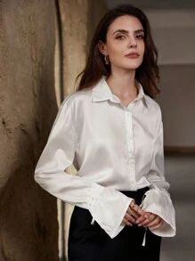 SHEIN Privé Áo sơ mi nữ tay chuông buộc dây phong cách cổ điển - trắng - Xem 3