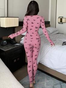 DAZY Butterfly Print Slim Fit Long Sleeve Pajama Set - Pink - View 2