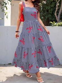 SHEIN Clasi Vestido largo casual y maduro con estampado de cuadros, animales y flores para mujer