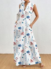SHEIN Clasi 女士无袖全印花百褶连衣裙，休闲度假 - 彩色 - 查看 5