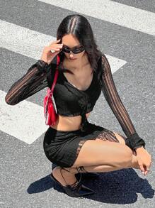 SHEIN Unity Long-Sleeved Ruffled Top & Low-Rise Skirt With An Asymmetrical Hem For A Statement Look - Black - View 4