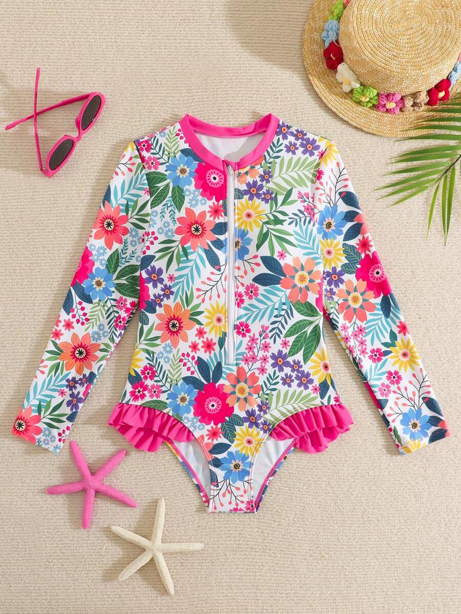 全新时尚少女花卉印花连体泳衣 - 彩色 - 查看 1