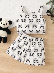SHEIN 2 piezas Conjunto de pijama cómodo con chaleco y pantalones cortos estampado de panda de franela para niñas, otoño e invierno