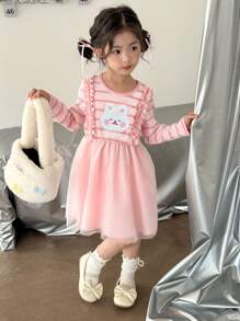 SHEIN Long Sleeve Striped Patchwork Cartoon Rabbit Ruffle Mesh Splicing Girl Dress - Multicolor - View 6