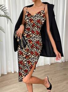 SHEIN Clasi Women's Spaghetti Strap Backless Leopard Print Slit Fitted Sexy Dress - Gold - View 5