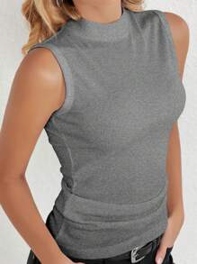 INAWLY Women's Solid Color Minimalist Everyday Sleeveless Mock Neck Tank Top - Grey - View 1