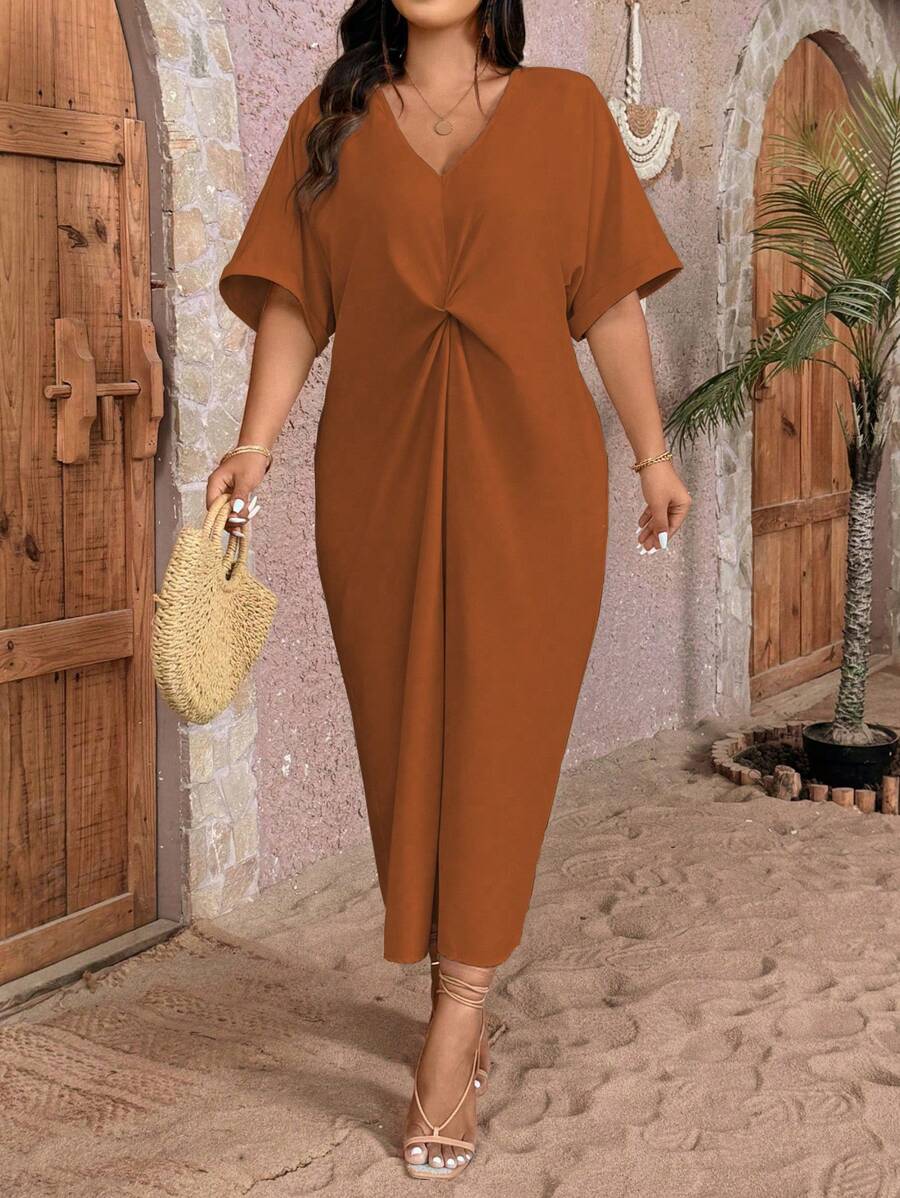 Breezaya 大码 V 领短袖扭纹纯色简约优雅时尚连衣裙 - 橘色 - 查看 1