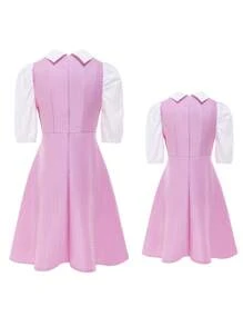 青少年女孩领口拼布休闲日常连衣裙