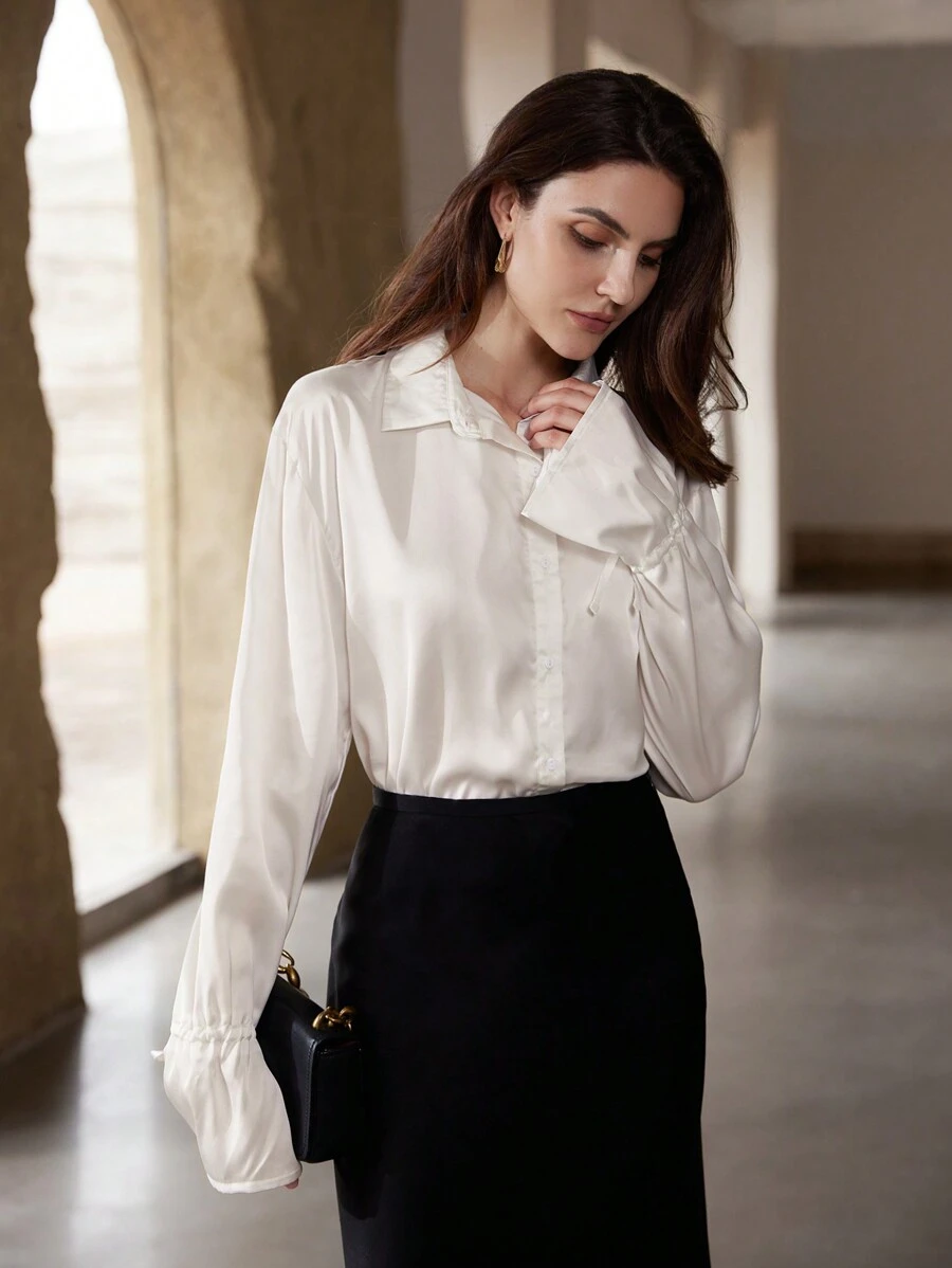 SHEIN Privé Áo sơ mi nữ tay chuông buộc dây phong cách cổ điển - trắng - Xem 1
