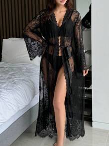 DAZY Lace Semi-Sheer Romantic Bell Sleeve Belted Robe Pajama - Black - View 6