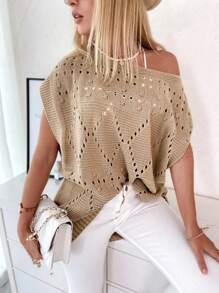 INAWLY Plus Size Solid Color Open Shoulder Hollow-Out Minimalist Knit Blouse, Casual Daily Wear - Khaki - View 1