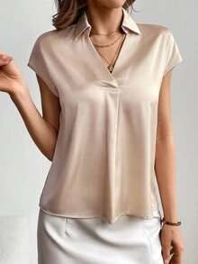 SHEIN Privé Áo sơ mi tay ngắn trơn đơn giản, thoải mái cỡ lớn dành cho nữ, có cổ bẻ và tay áo có vạt màu hoa mai - Màu be - Xem 4