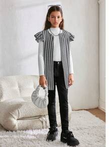 Tween Girls' Casual Houndstooth Print Puff Sleeve Round Neck Mid-Length Jacket