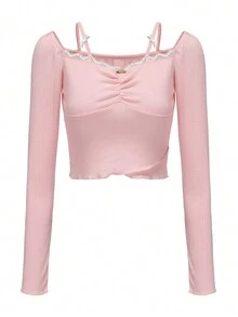 甜美蕾丝拼接 V 领紧身上衣粉色美学修身长袖 T 恤