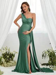 Faeriesty Dressalisa Maternity One Shoulder Split Thigh Draped Side Formal Party Dress - Green - View 1