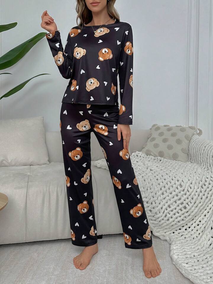 【MOODMOON】Heart Bear Long Sleeve Pajama Set Hearts Long Sleeve Polo Pajamas | Roller Rabbit