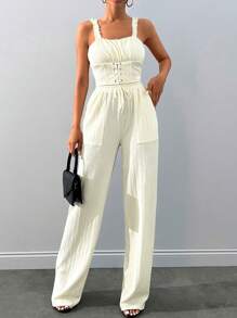 Textured Fabric Cami Top & High Waist Wide Leg Side Pocket Pant Summer Two Piece Outfit