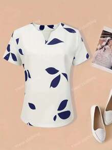 Blusa de verano con estampado de hojas de moda para mujer, tops de manga corta