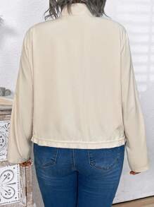 Plus Size Women's Solid Color Turn-Up Sleeve Loose Utility Pockets Casual Jacket, Spring Autumn