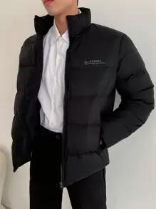DAZY 男士拉链字母印花棉服外套，冬季夹克 - 黑色 - 查看 1