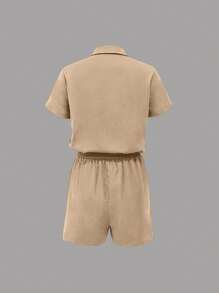 SHEIN LUNE Women's Button Pocket Short Sleeve Drawstring Jumpsuit - Khaki - View 2