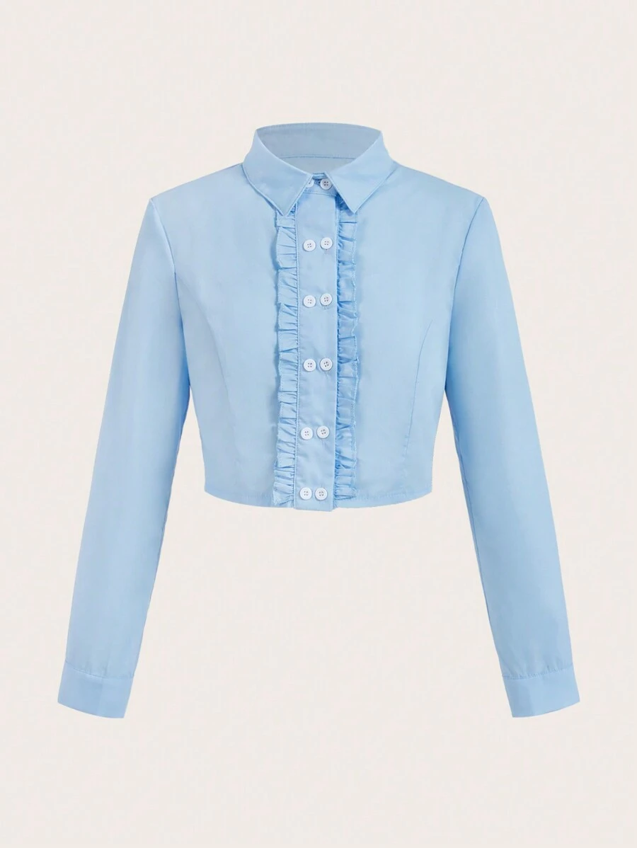 SHEIN Unity 双排扣荷叶边下摆修身蓝色毕业衬衫