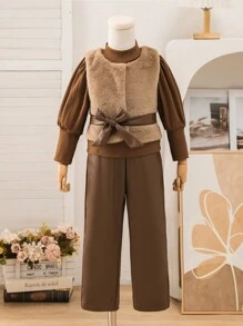 SHEIN Young Girls 3-Piece Set: Fluffy Vest, Turtleneck Long Sleeve Top, And Pants, Fashionable Outfit For Young Girls, Suitable For Casual Wear, Outdoor Activities In Autumn/Winter