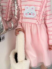 SHEIN Long Sleeve Striped Patchwork Cartoon Rabbit Ruffle Mesh Splicing Girl Dress - Multicolor - View 3