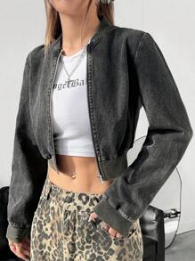 Muchica 女士前拉链长袖短款夹克，休闲日常穿着