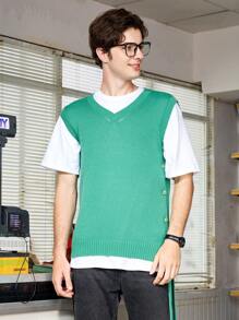 Manfinity Sporsity Chaleco de suéter de punto de unicolor con cuello en V para hombre, casual