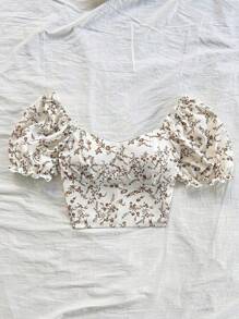 Soleia Áo cánh tay ngắn mùa hè có dây rút xếp nếp họa tiết hoa, áo tay ngắn - Màu Khaki - Xem 3