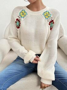 SHEIN LUNE Damski sweter vintage, ręcznie robiony na szydełku, luźny, dzianinowy, jesień/zima - Morela - Zobacz 5