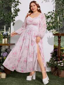 SHEIN MOD Vestido de manga larga con estampado floral, escote en V, busto fruncido y abertura, talla grande - Multicolor - Ver 3