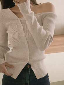 DAZY Cárdigan de punto con hombros abiertos y botones en diagonal de unicolor para mujer, blusas de manga larga, ropa de mujer para otoño - Albaricoque - Ver 5