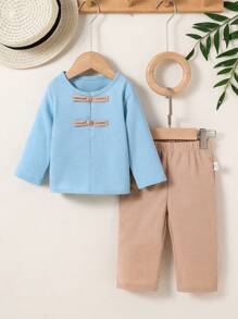 Baby Boys Chinese Style Frog Button Tang Suit Top And Long Pants 2pcs Set, Traditional Han Chinese Outfit