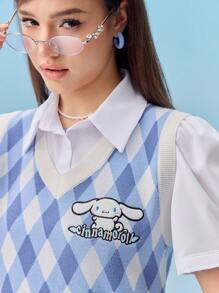 HELLO KITTY AND FRIENDS | SHEIN 女士蓝色卡通肉桂卷与字母刺绣菱形 V 领针织毛衣背心秋装可爱毛衣背心 - 藍色 - 查看 7