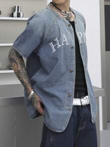 Manfinity Roghcode Men's Button Down Short Sleeve Ombre Letter Print Casual Denim Shirt - Blue - View 5