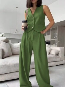 SHEIN Clasi Plus Size Summer Casual Solid Color Blazer, Vest And Wide Leg Pants Set - Army Green - View 1