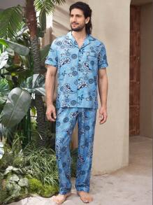 Manfinity Underwear&Sleepwear Basics Conjunto de casa con camisa de manga corta de solapa y pantalones con estampado de paisley para hombre - Azul - Ver 8