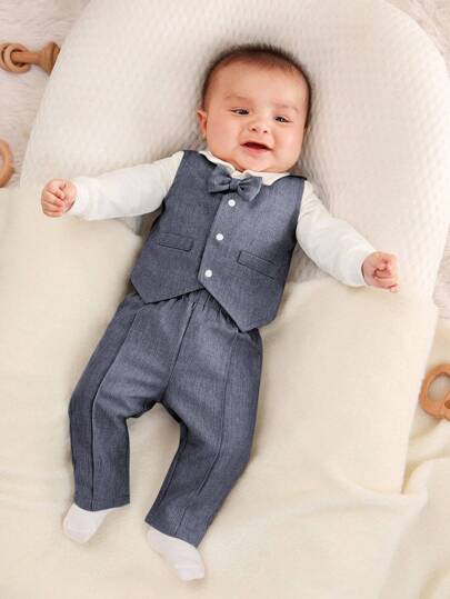 SHEIN 3pcs/Set Newborn Baby Boy Bowtie Bodysuit, Waistcoat And Pants Thin Outfit