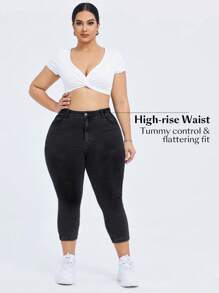 Flexra Plus Size Women's Solid Color Minimalist Daily Stretchy Knit Denim Jeans - Black - View 4