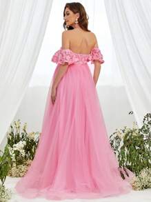 Vestido formal elegante de maternidad con hombros descubiertos y estampado floral - Rosa - Ver 2