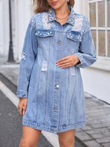 SHEIN Maternity Distressed Denim Long Sleeve Jacket, Loose Fitting Blue - Light Wash - View 4