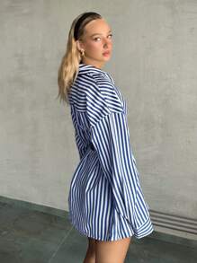 SHEIN EZwear Women's Striped Long Sleeve Button-Up Casual Leisure Fashionable Regular Jacket