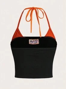 SHEIN ICON Y2k Summer Outfits Casual Color-Block Crop Top With Bikercore Letter Embroidery Contrast Binding Halter, Slim Fit - Black - View 2