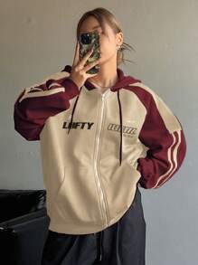 Dazy Star 女士前抽绳拉链拼色红色口袋字母印花连帽衫 - 彩色 - 查看 4