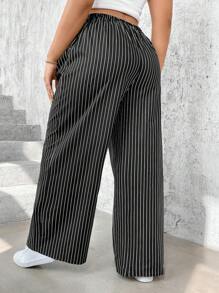 SHEIN Essnce Plus Size Women's Black & White Striped Loose Casual Pants With Pockets