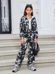 Tween Girls' Casual Loose Dropped Shoulder Hooded Sweatshirt Jacket And Pocket Sweatpants 2pcs Set - Black - View 5