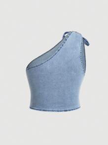 SHEIN MOD Plus Size Women's Blue Denim Bow Decor One Shoulder Blouse